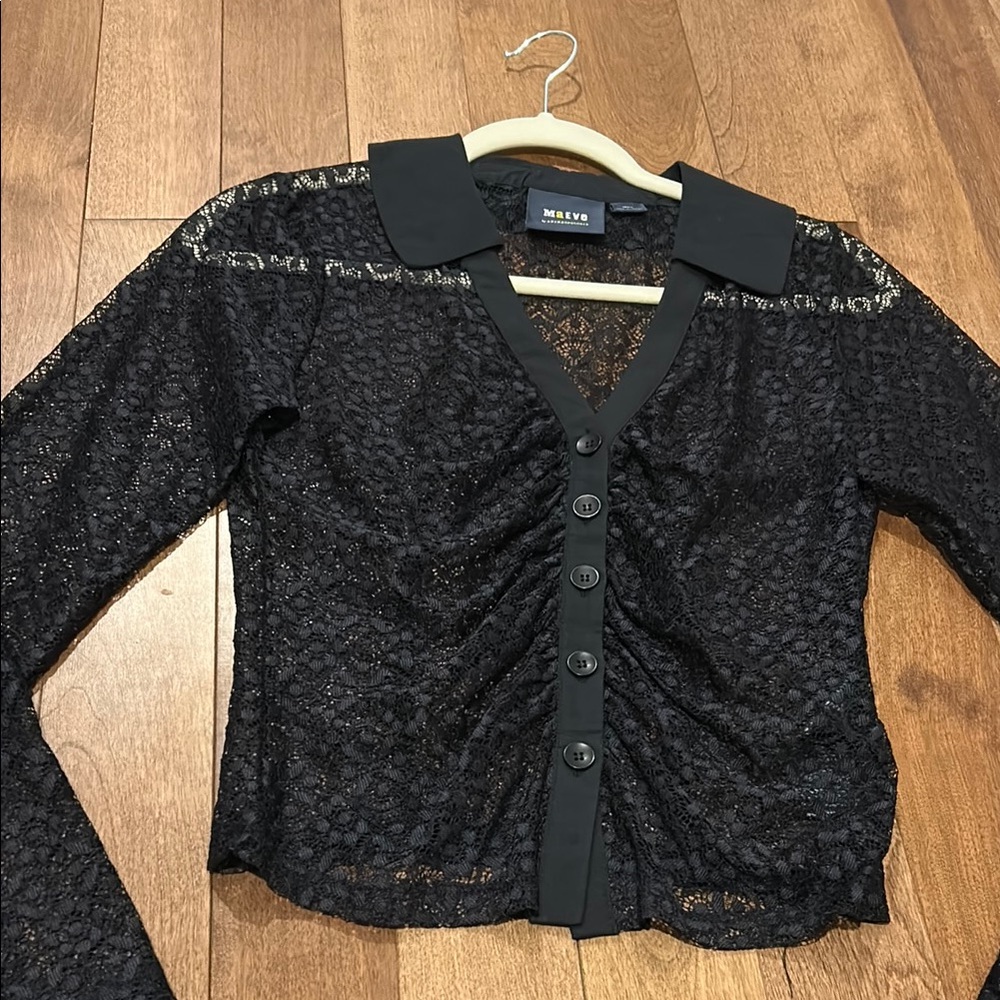 Black Lace Button-Up Top by Anthropologie / Maeve date night